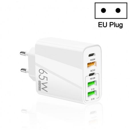 65W Dual PD Type-C + 3 x Chargeur multi-ports USB pour téléphone et tablette PC, prise UE
